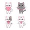 Cat kitten kitty set. Happy Valentines Day. Contour line doodle. Pink heart, gift box, garland, locket. Funny head face. Cute