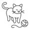 Cat, kitty plays with clew thin line icon, pets concept, kitten and yarn ball vector sign on white background, outline