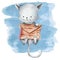 Cat with a letter on a blue background in a watercolor style. Suitable for clothing, paper, fabrics, wallpaper, stickers