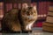 Cat on a library. Humorous portrait of scientific cat against bookshelves background
