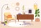 Cat in living room. House interior with stylish furniture, armchair and plants. Cats resting at home, retro design with