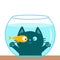 Cat looking through aquarium glass. Playing with gold fish. Big eyes. Swimming goldfish. Paw print hand. Cute cartoon kawaii funny