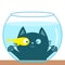 Cat looking through aquarium glass. Playing with gold fish. Cute cartoon kawaii funny baby character. Big eyes. Swimming goldfish