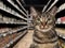 Cat looking at the camera in front of and in the middle of a food shelf in a pet supermarket. The background is blurred and dark