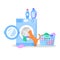 Cat looking in open washing machine, laundry basket with clothes, bottles with liquid detergents, vector flat