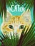 Cat looking out from tropic palm leaves. Trendy zine collage, fashion print, poster