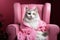 Cat lounges on pink armchair Pets spa, grooming, ultimate relaxation