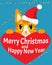 A Cat In Love. Happy New Year Card With Cat Vector. Christmas Kitty With Red Santa Hat.