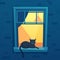 Cat lying in lit up city apartment open window at night time. Black kitten character having rest on windowsill