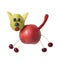Cat made with red apple, cherries and pear