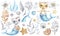 Cat mermaid unicorn Baby cute girl. Watercolor nursery cartoon sea animals, marine magic life.