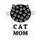 Cat Mom text with cat silhouette and paw prints. Happy Mother`s Day greeting card