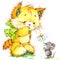 Cat and mouse. kid background for celebrate festival and birthday party. watercolor