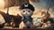 cat in the night _A whimsical kitten with an eye patch and a pirate flag and hat , boldly facing a stormy sea waves in a boot