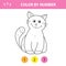 Cat - painting page, color by numbers. Worksheet for education. Game for kids