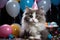 Cat with party hats and balloons celebrate life on black background. Generative AI