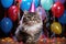 Cat with party hats and balloons celebrate life on black background. Generative AI