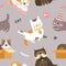 Cat pattern. Cute kittens, funny playful pets seamless vector childish textile texture