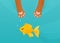 Cat paw catch, fishing gold fish under water background. Fun cartoon vector illustration