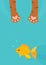 Cat paw catch, fishing gold fish under water vertical background. Fun cartoon vector illustration