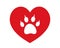 Cat paw footprint in heart. Vector. Love Cats. Animals, Pets, Puppies, Kittens, Dogs . Red heart with cat white paw