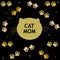 Cat and paw prints black and golden colored white background. Mother`s Day ``Cat Mom text`` greeting card