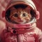 A cat in a pink space suit and helmet with hair peeping out