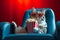 cat with pop corn and sunglasses at cinema, AI generated
