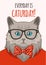 Cat poster. Cute smart pet in glasses, animal stylish portrait and lettering, comic adorable kitty card or t-shirt print
