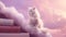 Cat Precariously Perched Atop A Tall Bookshelf Kingdom Pastel Light Purple And Light Crimson Backgro