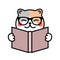 Cat reading a book. Cute kitten in glasses reads. Smart kawaii kitty smiling.