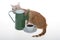 The cat is red and the kettle is green on a white background.