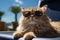 cat relaxing on desk chair at the beach Generate with Ai