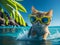 Cat relaxing in sunglasses on railay beach. Generative Ai.