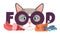Cat requires food. Meal requirement of domestic animals. Kitten head with lettering. Cartoon hungry kitty. Feline nutrition banner