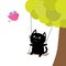 Cat ride on the swing. Green tree. Flying pink bird. Cute fat cartoon character. Kawaii baby pet collection. Love card. Flat desig