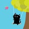 Cat ride on the swing. Green tree. Flying pink bird. Cute fat cartoon character. Kawaii baby pet collection. Love card. Flat desig
