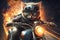 Cat rider on motorcycle, super hero biker riding on fire background, generative AI