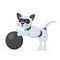 Cat-robot bends on its front paws, silver color on a white background. Technological robot that measures the habits of animal