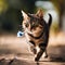 a cat runs towards the camera while holding something in its mouth