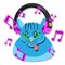 The cat s avatar in headphones shows the language of the note on a white isolated background. Vector image