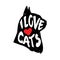 The cat`s head in profile with heart and lettering text I Love Cats. Vector illustration