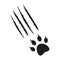 Cat s paw print with traces of scratches and claws. Feline footprint silhouette. Claws scratch scratch. Black and white