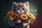 cat with sad eyes and a bouquet of flowers isolated on dark background, generative ai