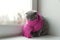 Cat of Scottish British breed wrapped in a warm scarf looking ou