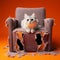 cat Scratched chair or sofa on orange background with space for copy