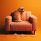 cat Scratched chair or sofa on orange background with space for copy