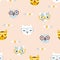 Cat seamless pattern. Cute kittens with glasses. Nursery characters in a simple hand-drawn naive cartoon Scandinavian