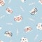 Cat seamless pattern. Cute kittens with glasses. Nursery characters in a simple hand-drawn naive cartoon Scandinavian