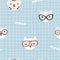 Cat seamless pattern. Cute kittens with glasses. Nursery characters in a simple hand-drawn naive cartoon Scandinavian